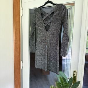 Charcoal / silver shimmer mini dress with a cut-out back detail